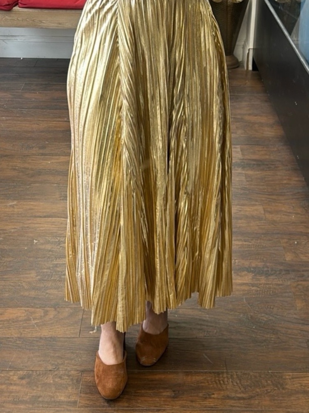 Maeve Metallic Gold Pleated Midi Skirt